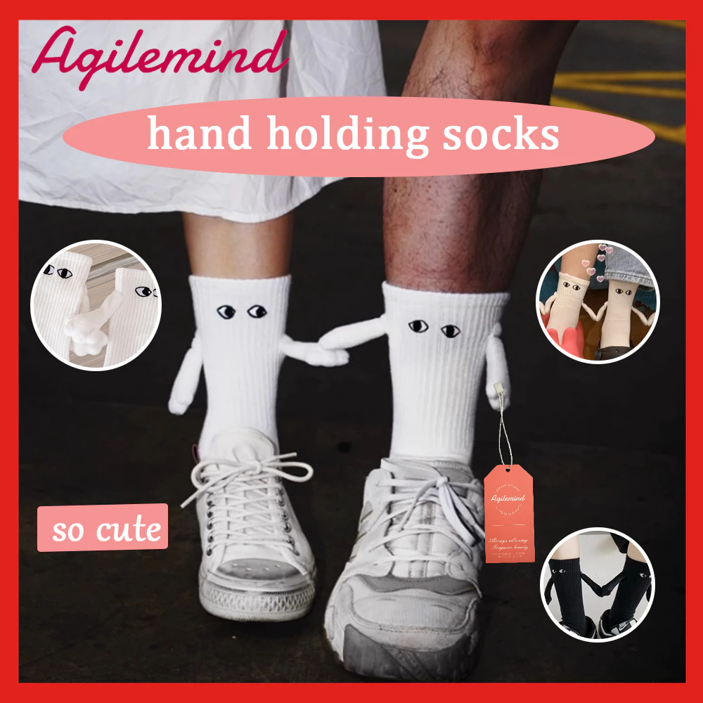 【Agilemind】 couples holding hands socks magnet personality stereoscopic doll cute white cotton hold hands stockin