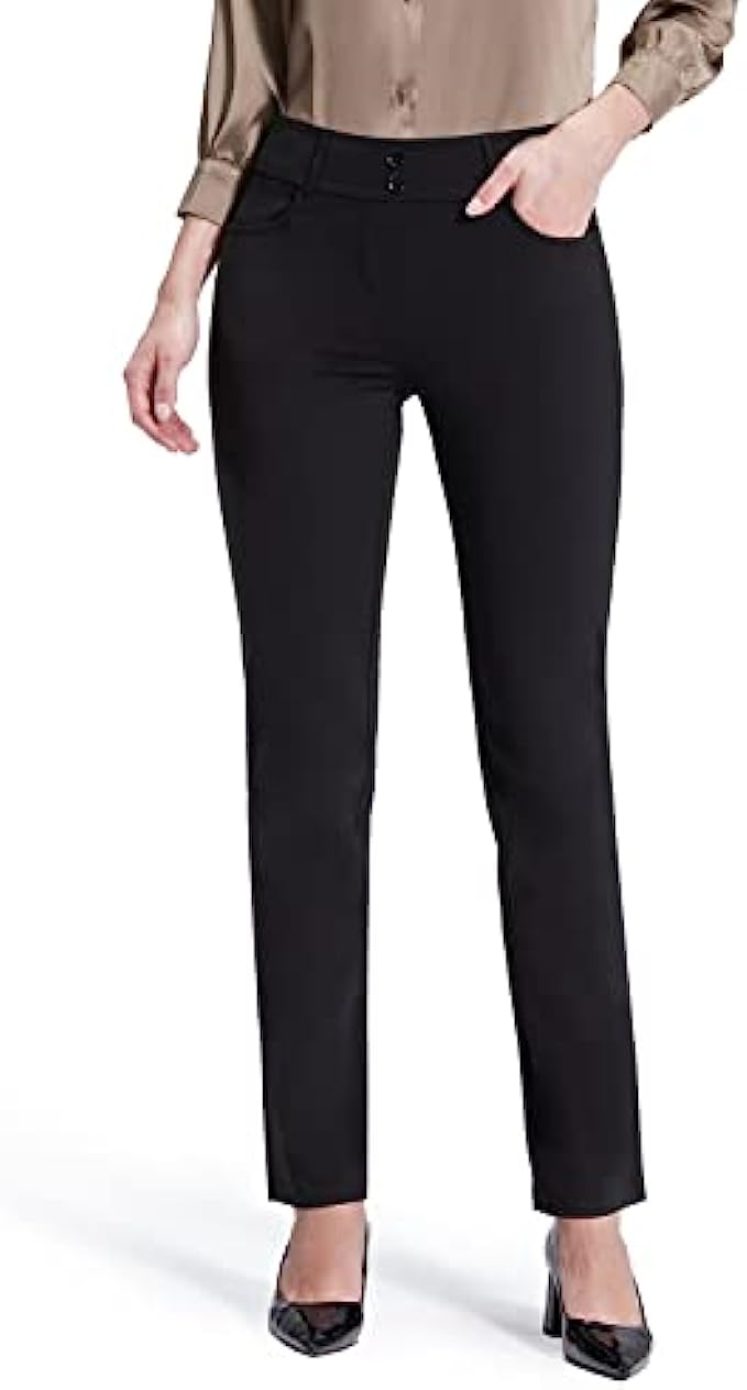 Bamans Dress Pants for Women Straight Leg Stretchy Work Pants Pull-On Business Casual with Pockets