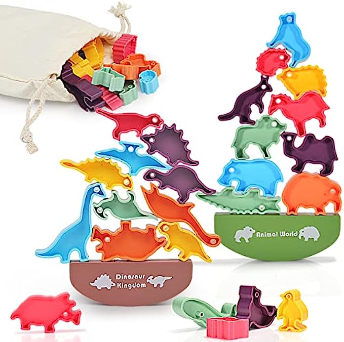 24PCS Dinosaur Stacking Toy Game for Kids 2 Sets in 1, Montessori Learning Balance Building Blocks, Educational STEM Toy with Storage Bag, Birthday Gift for Toddlers, Boys and Girls 3 4 5 6 7 Years