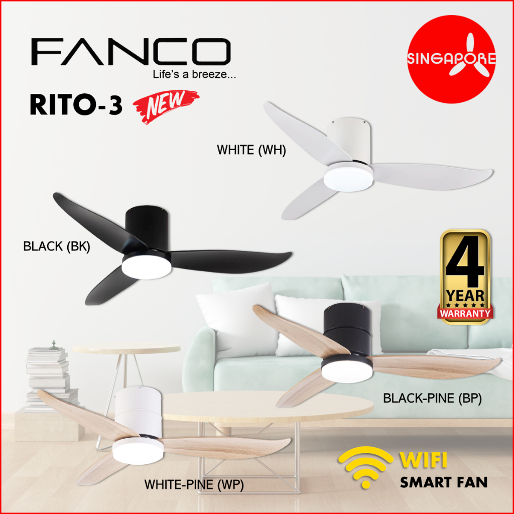 FANCO RITO 3 46" | 52" DC Motor Hugger Ceiling Fan with 24W LED Light and Remote Control (Optional: Wifi Module)