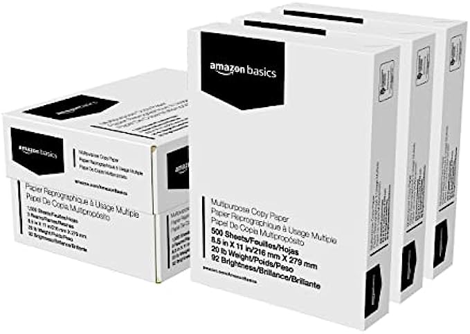 Amazon Basics Multipurpose Copy Printer Paper, 8.5 x 11 Inch 20Lb Paper - 3 Ream Case (1,500 Sheets), 92 GE Bright White