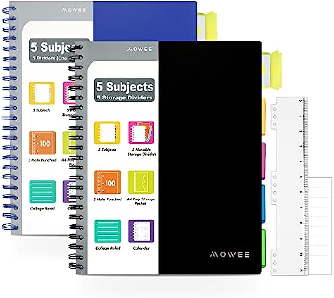 MOWEE 5 Subject Notebook, 2 Pack College Ruled Notebook with Storage Divider Pockets, Index Tabs, 11&quot; Ruler, 200 Pages, for School, Business, Office Supplies, 8.1&#039;&#039;x11.7&#039;&#039;（211